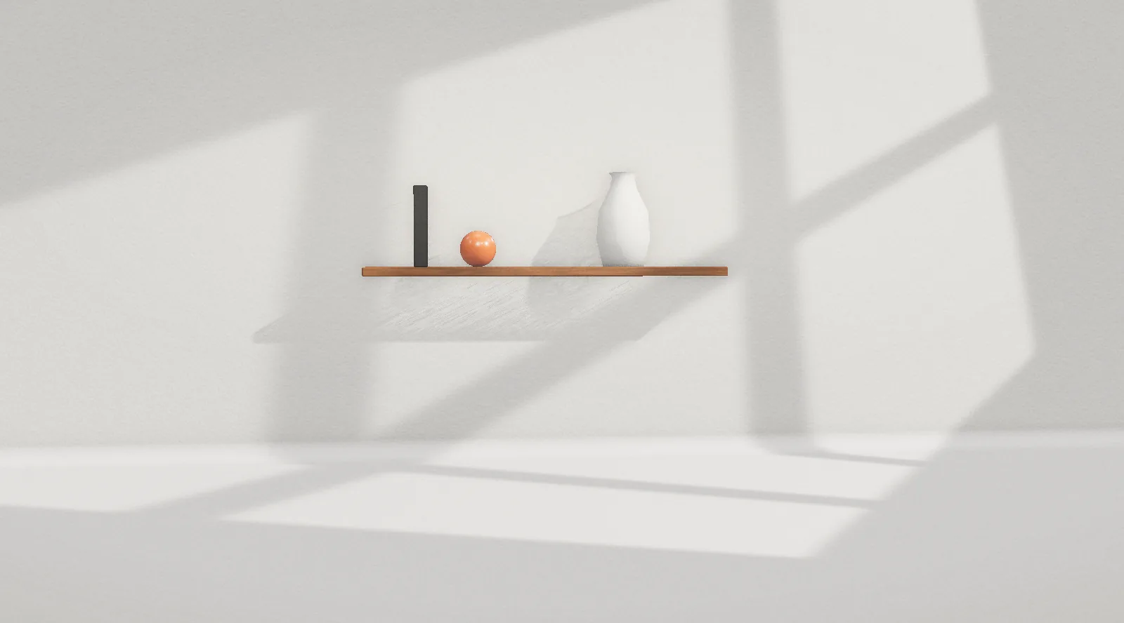 A shelf with a vase, a ball and a book, each in its place